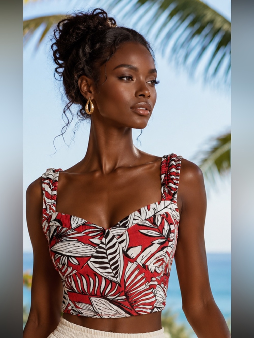 Japna Women’s Red Tropical Print Cropped Tank Top Linen Resort Smocked Back S